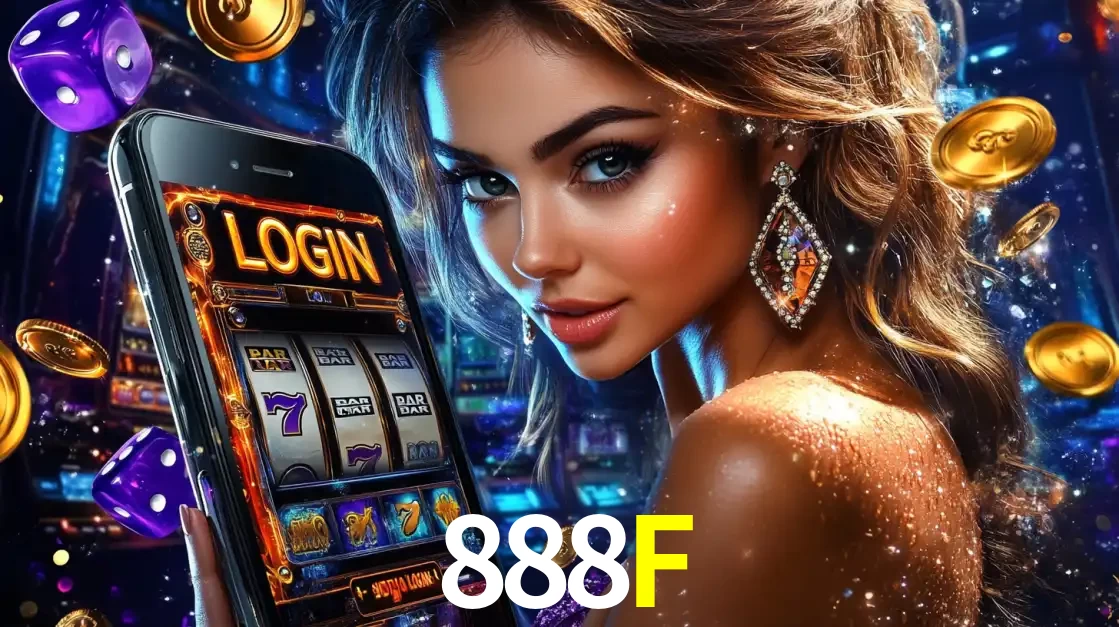 Mulher glamorosa segurando um smartphone com a tela de login para os jogos de caça-níqueis do cassino online 888F, com moedas de ouro e dados ao redor.