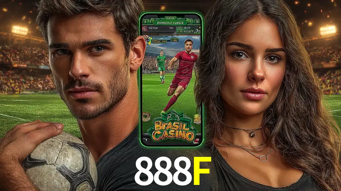 Homem segurando uma bola de futebol e uma mulher ao lado de um smartphone exibindo o jogo de apostas esportivas da 888F. Faça seu palpite no cassino online.